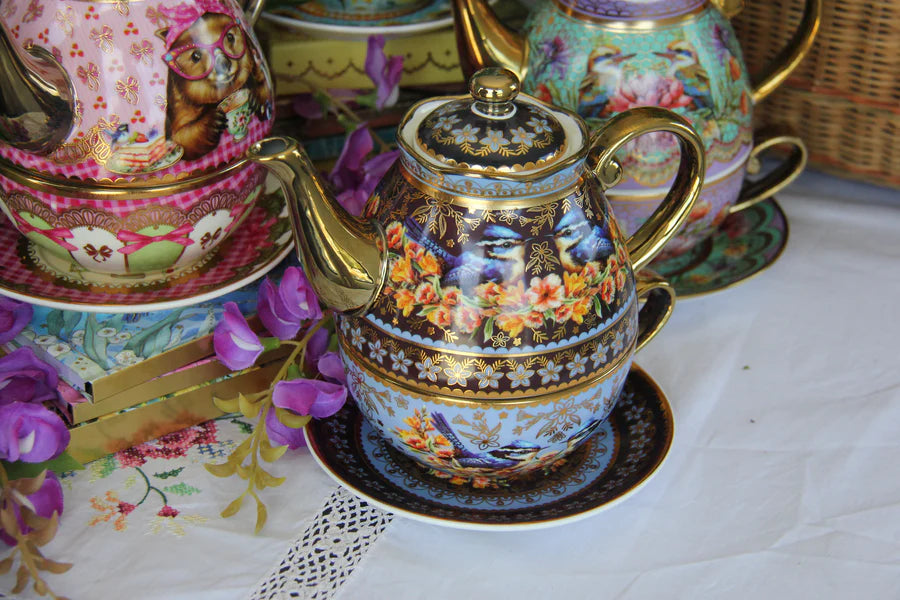 Tea for One - Blue Wrens By Lisa Pollock Tea Cup Saucer & Teapot Set Gift for her