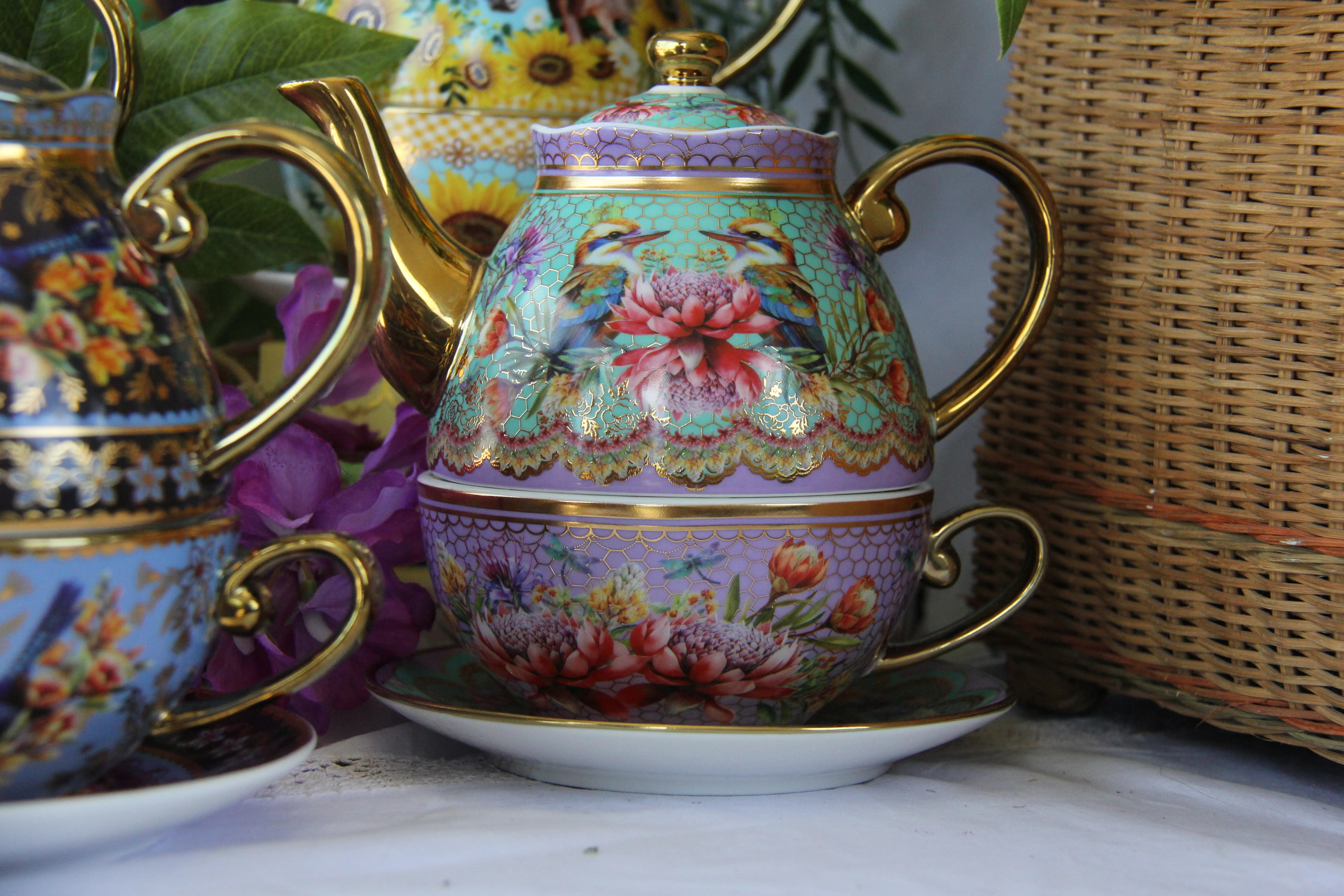 Tea for One - Vintage Kookas  By Lisa Pollock Tea Cup Saucer & Teapot Set