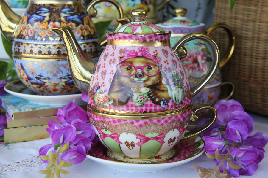 Tea for One - Wonda Wombat By Lisa Pollock Tea Cup Saucer & Teapot Set Gift for her