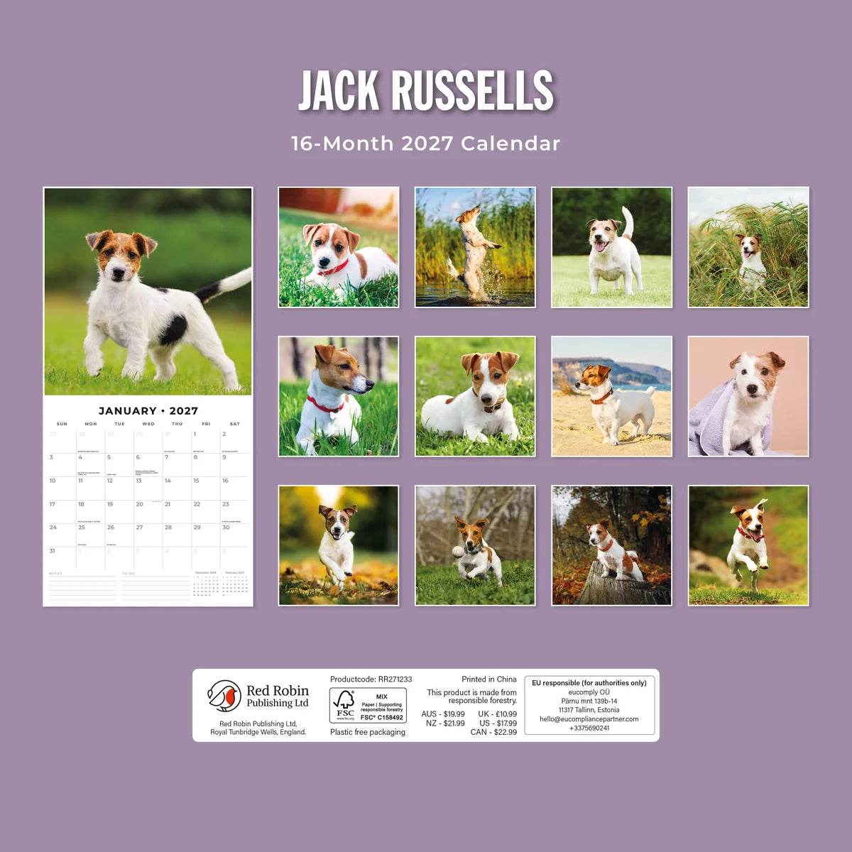 Jack Russells 2027 Calendar - Back cover showing all 16 monthly Jack Russell photos on lavender background, product code RR271233, AUS $19.99