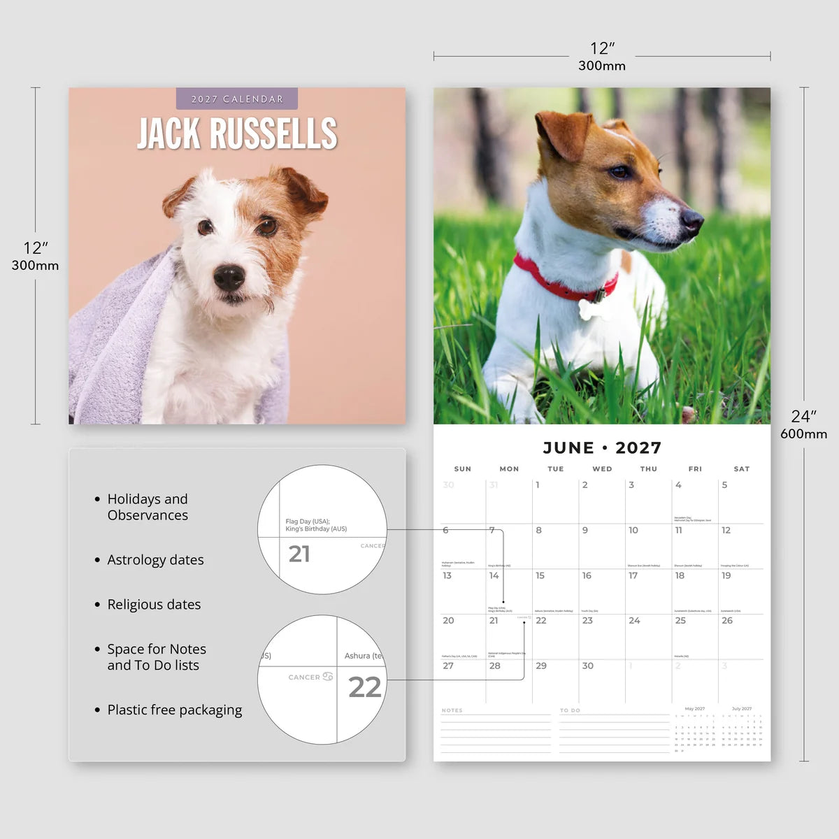 Jack Russells 2027 Calendar - Size specifications showing 30x30cm closed and 30x60cm open with feature highlights