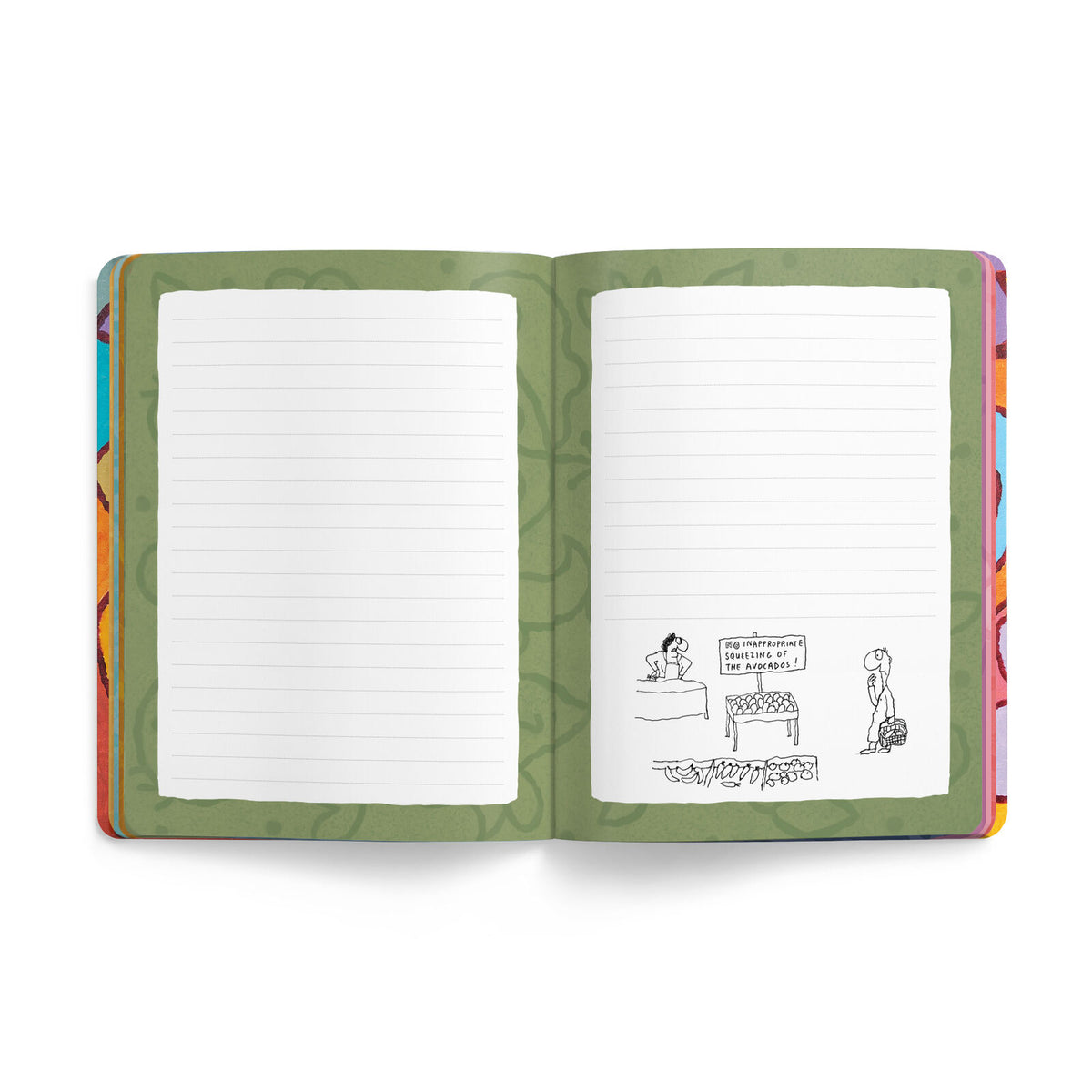 Open Leunig journal showing blue-bordered lined pages with an illustration