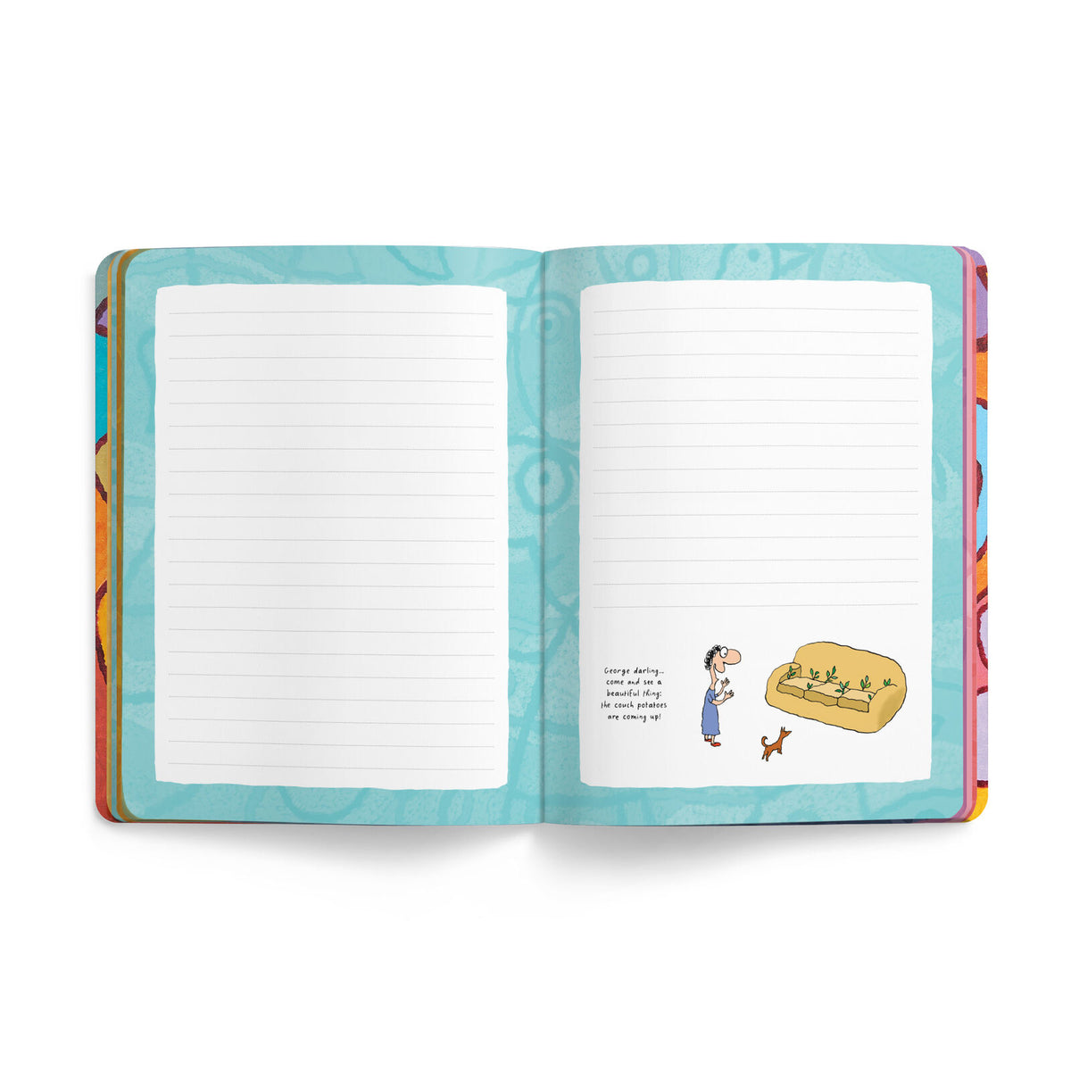 Open Leunig journal showing green-bordered lined pages with a cartoon