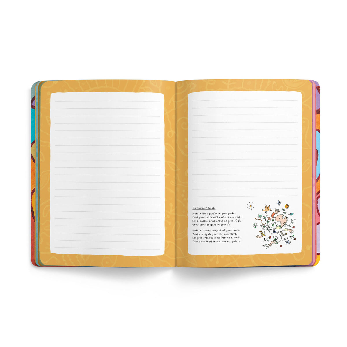 Open Leunig journal showing yellow-bordered lined pages with an illustration and writing