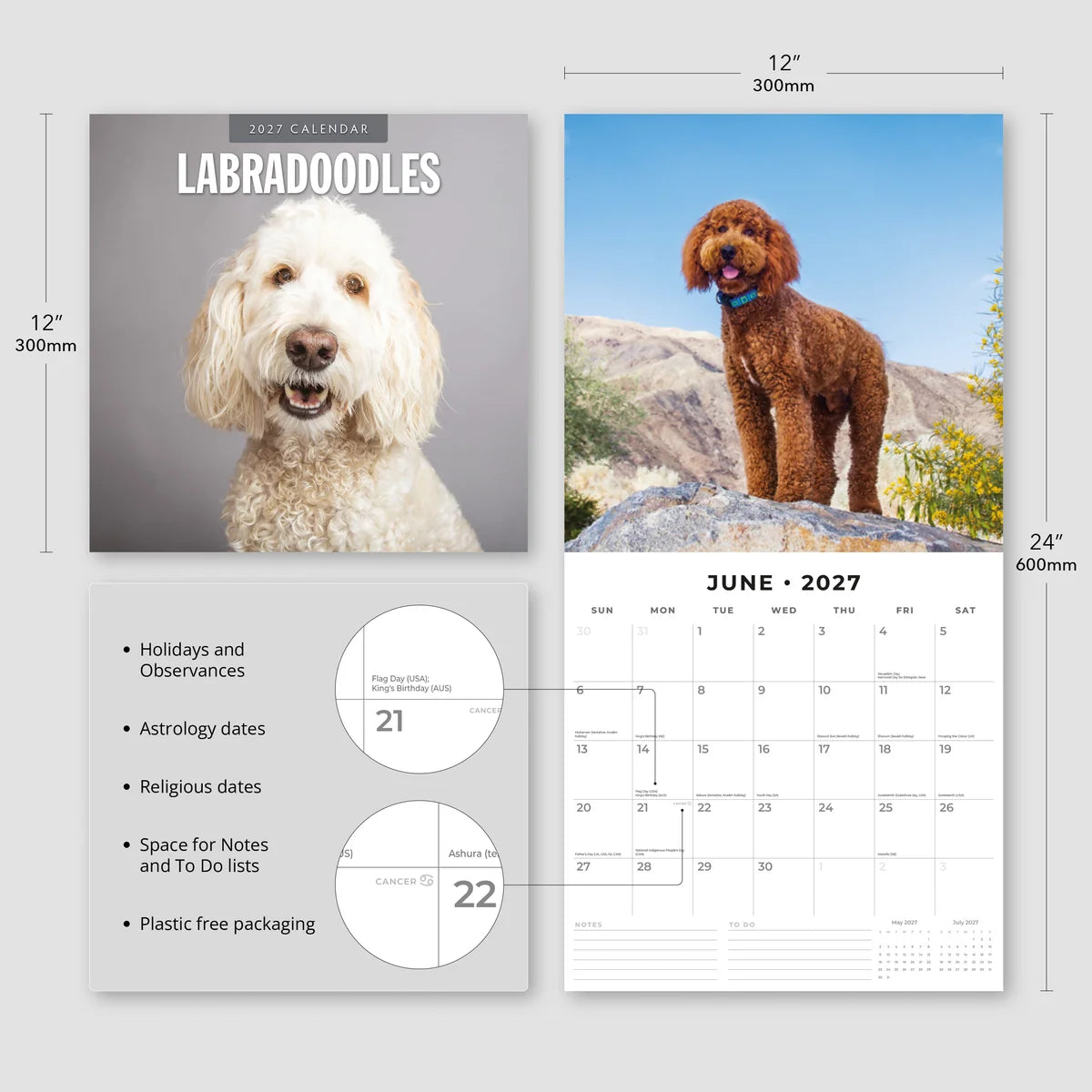 Labradoodles 2027 Calendar - Size specifications showing 30x30cm closed and 30x60cm open with feature highlights