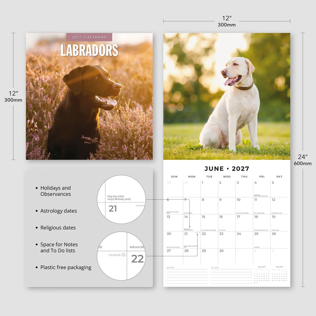 Labradors 2027 Calendar - Size specifications showing 30x30cm closed and 30x60cm open with feature highlights including holidays, astrology dates and notes space