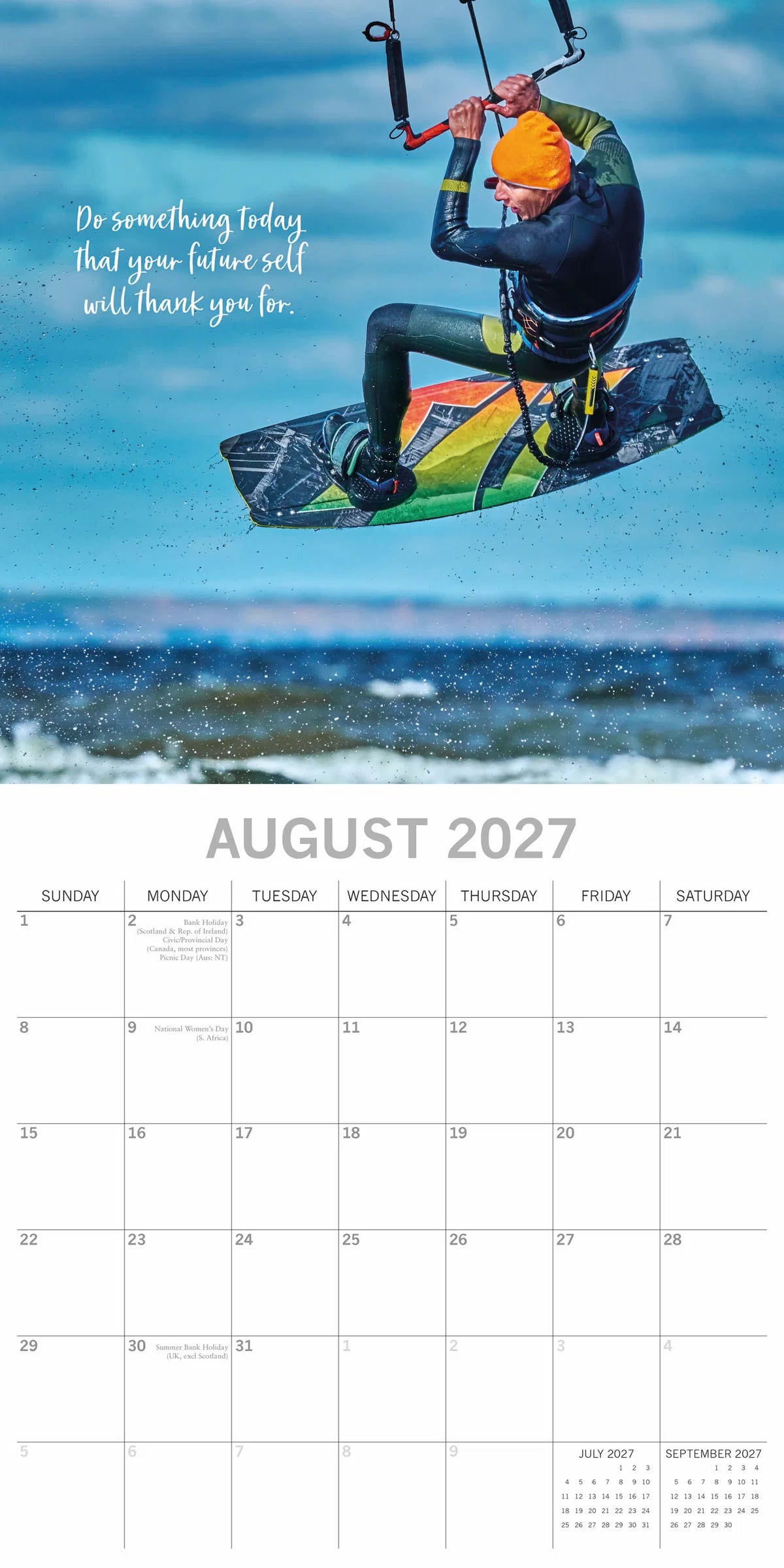 Motivation 2027 Square Wall Calendar – August 2027 page featuring a kitesurfer with motivational quote Do something today that your future self will thank you for
