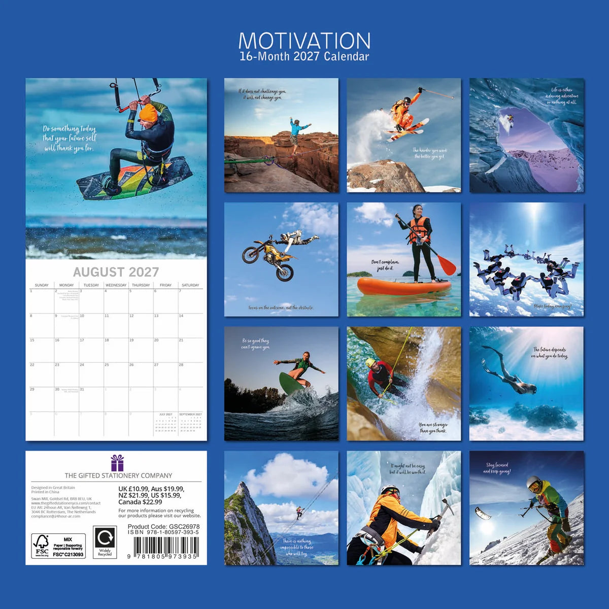 Motivation 2027 Square Wall Calendar – back cover showing 12 monthly action sports photography previews on blue background