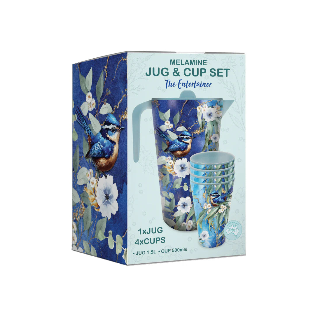 Lisa Pollock Melamine Jug & Cup Set – Cheeky Wrens / Bush Guardian Design