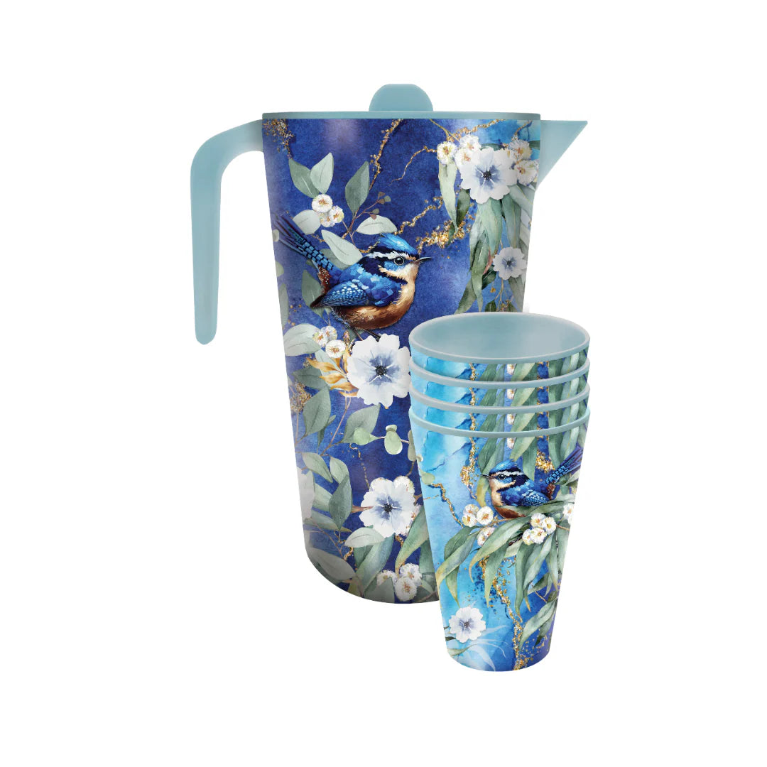 Lisa Pollock Melamine Jug & Cup Set – Cheeky Wrens / Bush Guardian Design