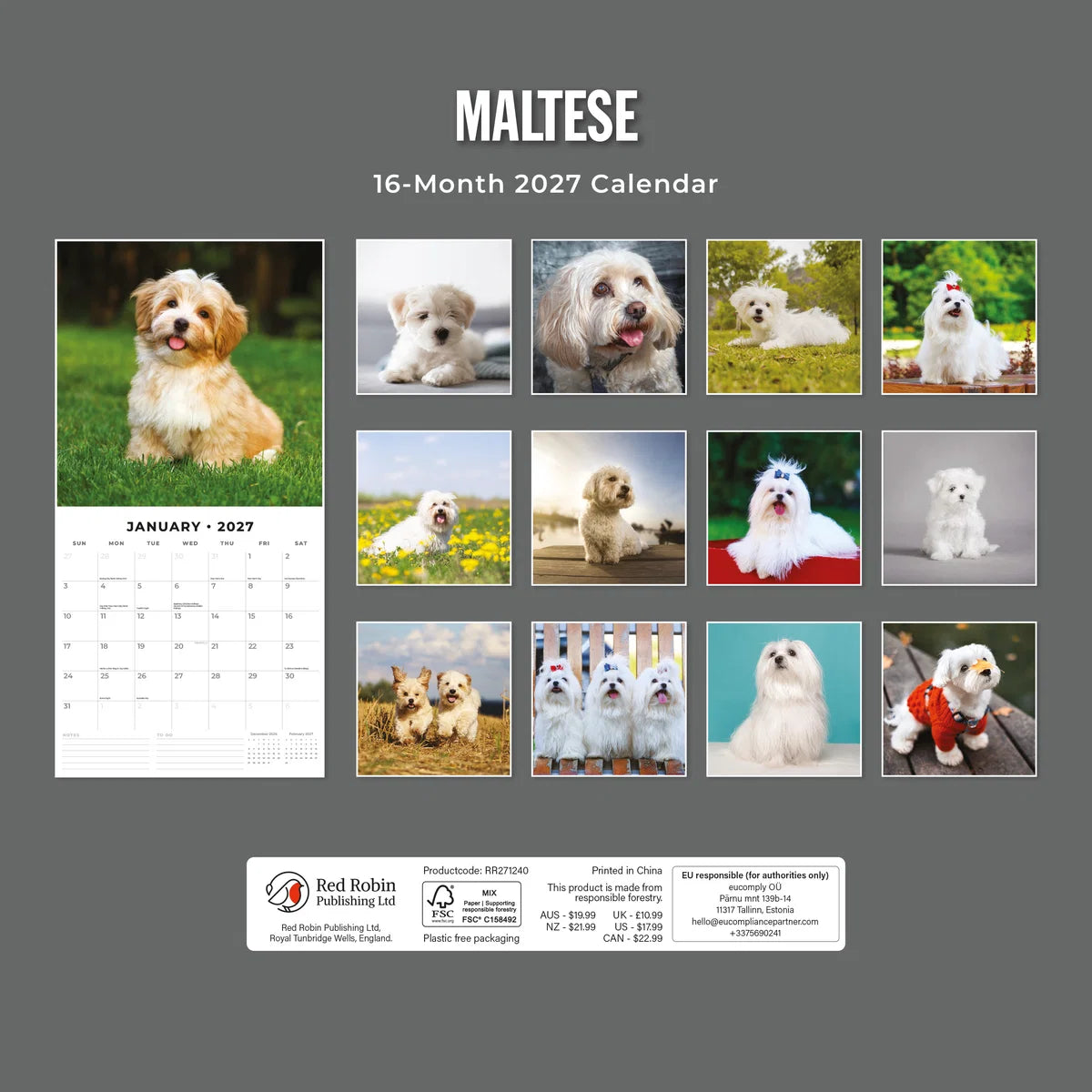 Maltese 2027 Calendar - Back cover showing all 16 monthly Maltese photos on charcoal grey background, product code RR271240, AUS $19.99