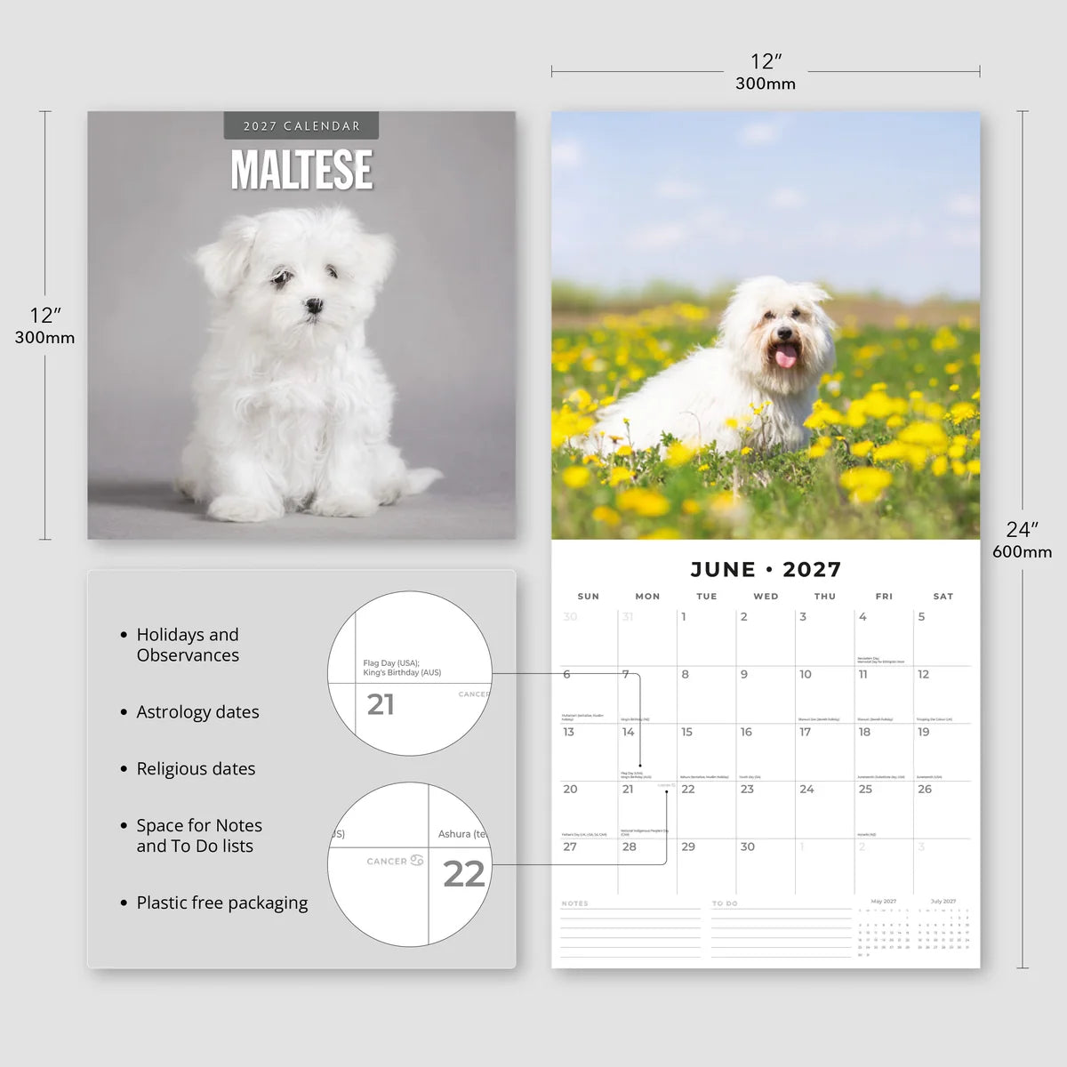 Maltese 2027 Calendar - Size specifications showing 30x30cm closed and 30x60cm open with feature highlights including holidays, astrology dates and notes space