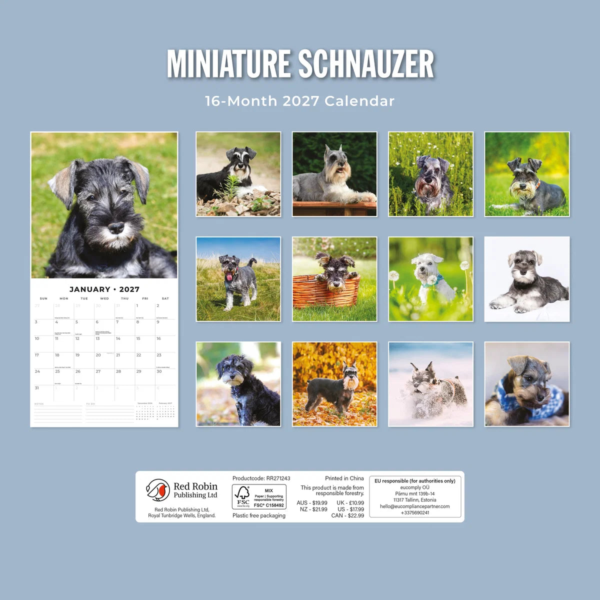 Miniature Schnauzers 2027 Calendar - Back cover showing all 16 monthly Miniature Schnauzer photos on steel blue background, product code RR271243, AUS $19.99