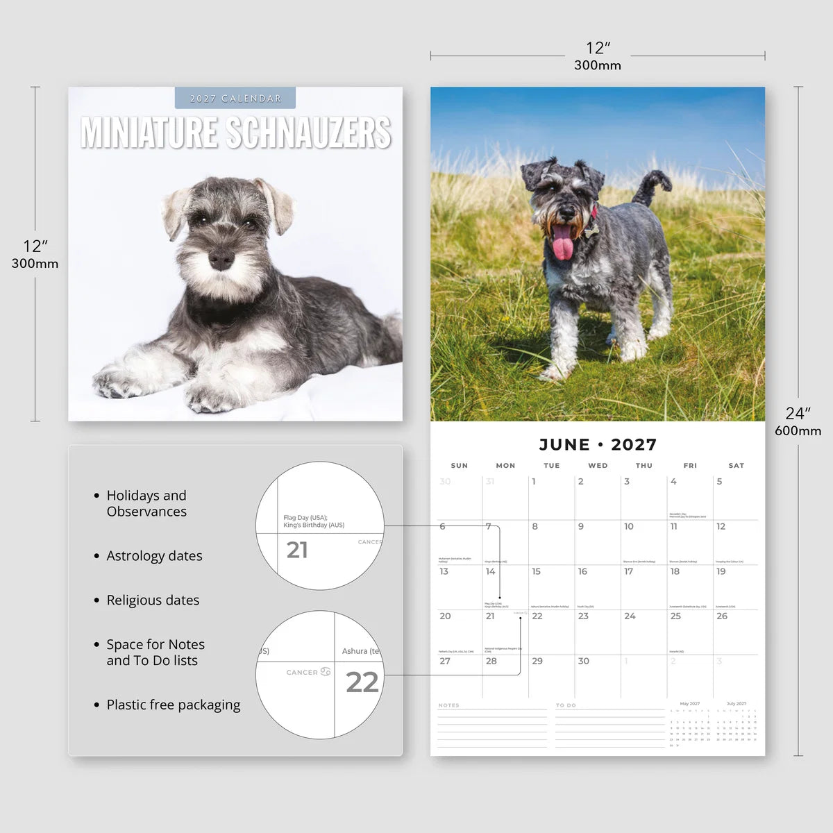 Miniature Schnauzers 2027 Calendar - Size specifications showing 30x30cm closed and 30x60cm open with feature highlights including holidays, astrology dates and notes space