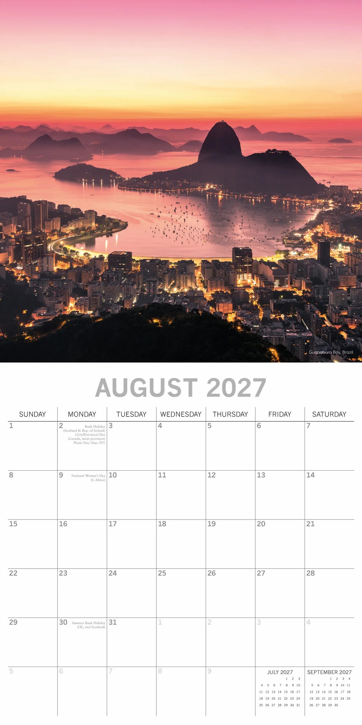 Natural Wonders 2027 Square Wall Calendar – August 2027 page featuring Guanabara Bay Rio de Janeiro Brazil at golden hour with Sugarloaf Mountain