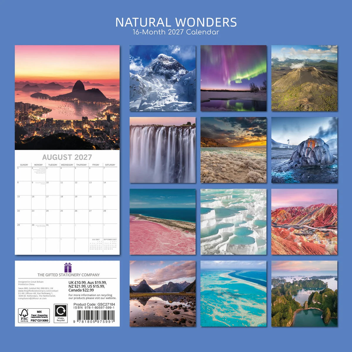 Natural Wonders 2027 Square Wall Calendar – back cover showing 12 monthly natural wonders photography previews on blue background with product details