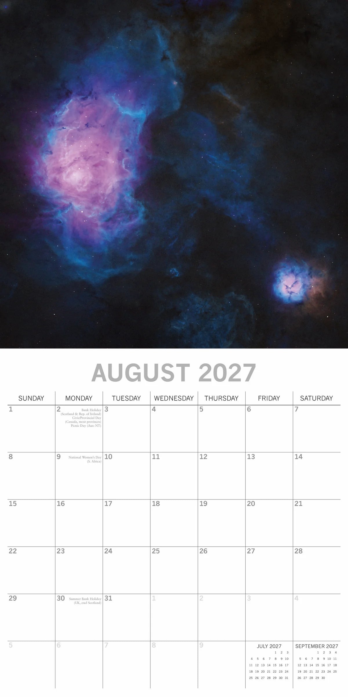 Space 2027 Calendar - August 2027 page featuring the Trifid Nebula with glowing pink and blue gas clouds and dark dust lanes on black starfield background with large date grid below