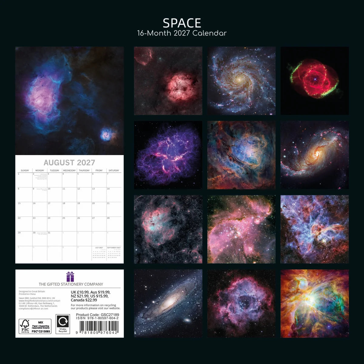 Space 2027 Calendar - back cover on black background showing all 13 monthly astrophotography images including Pinwheel Galaxy, Wolf-Rayet star shell, Lagoon Nebula, Andromeda Galaxy and Orion Nebula, product code GSC27189, ISBN 9781805976042, AU $19.99