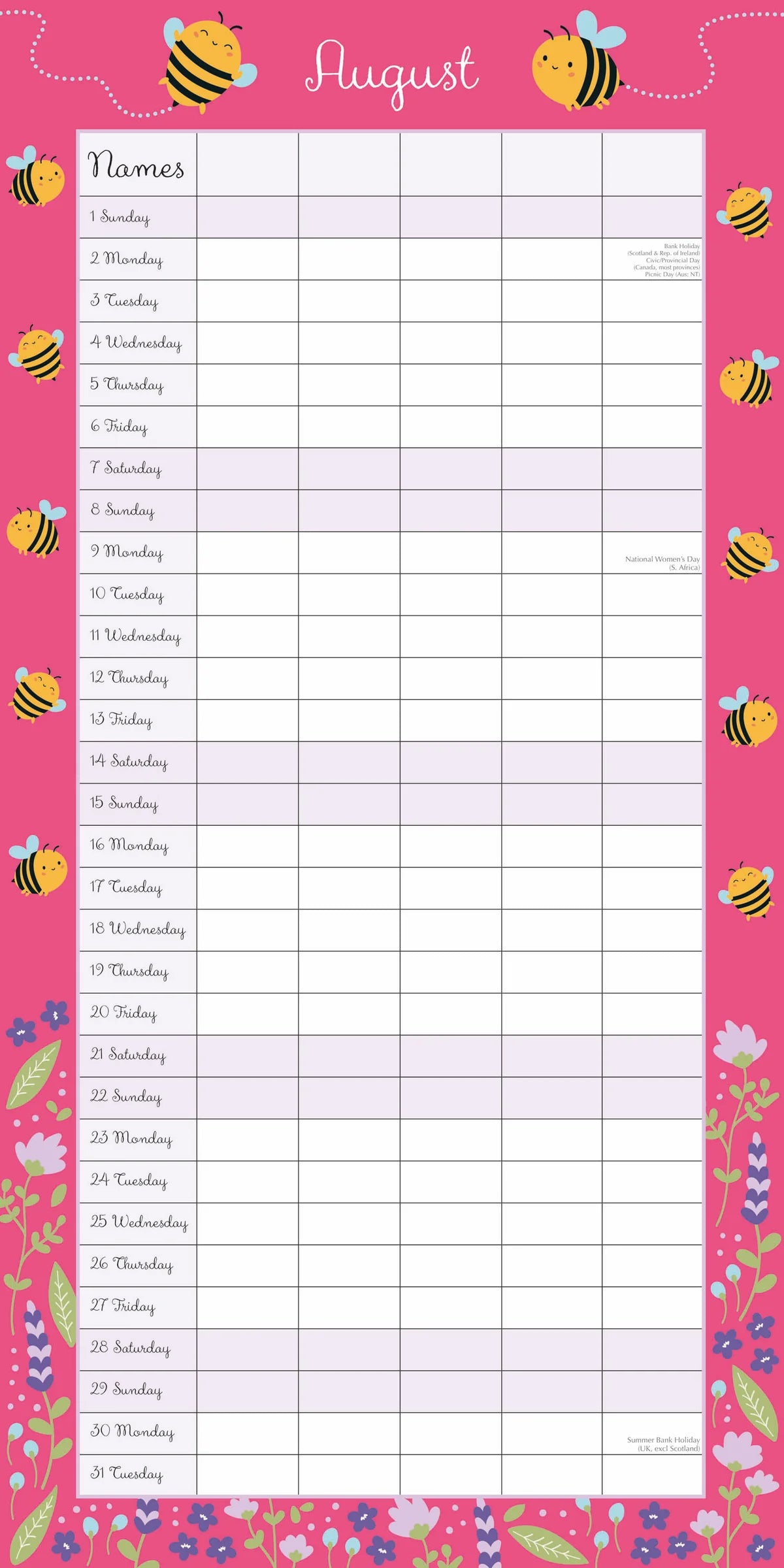 Busy Bee Family Organiser 2027 Square Wall Calendar – August 2027 page showing 5-column family organiser grid on pink background
