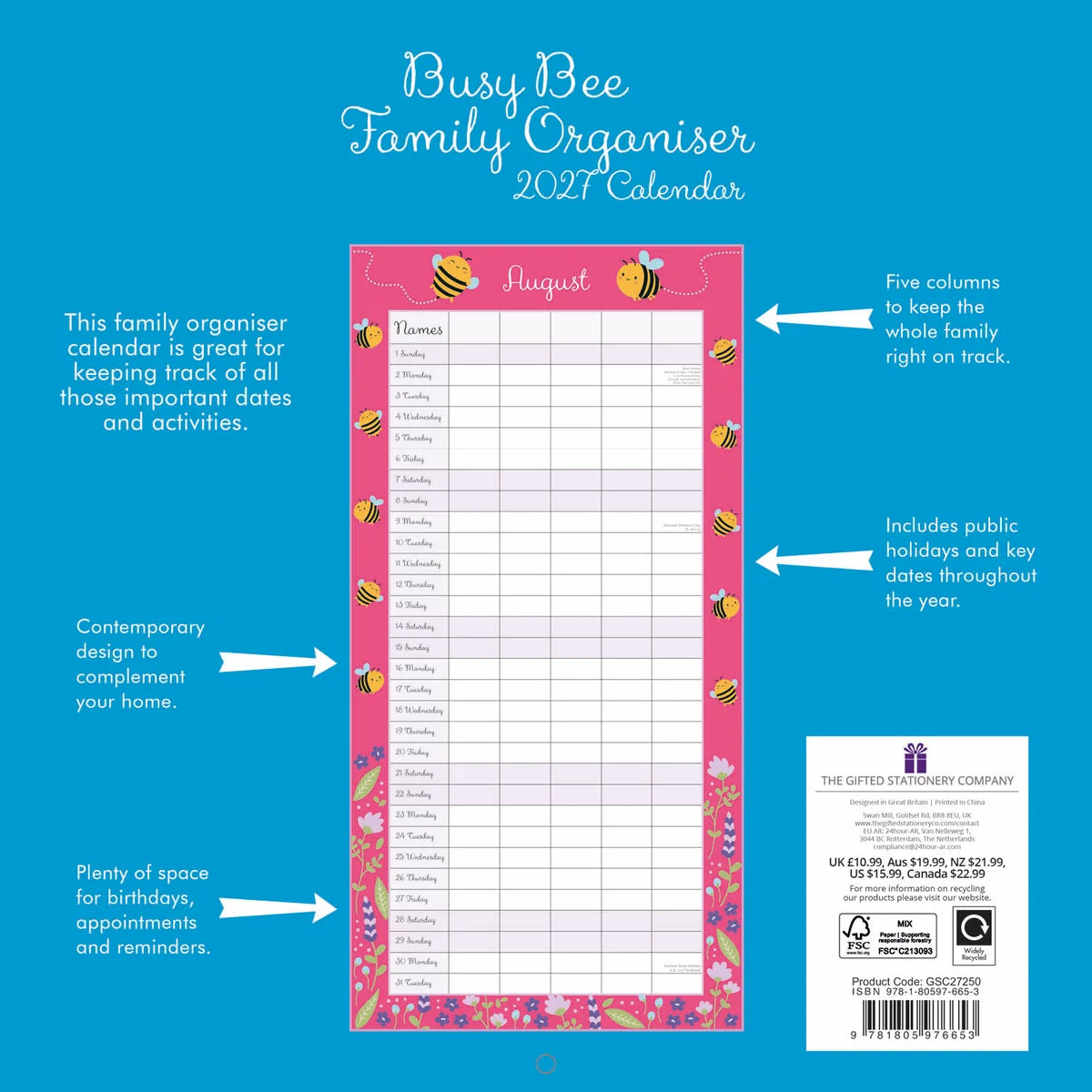 Busy Bee Family Organiser 2027 Square Wall Calendar – back cover showing 5-column August layout with product details