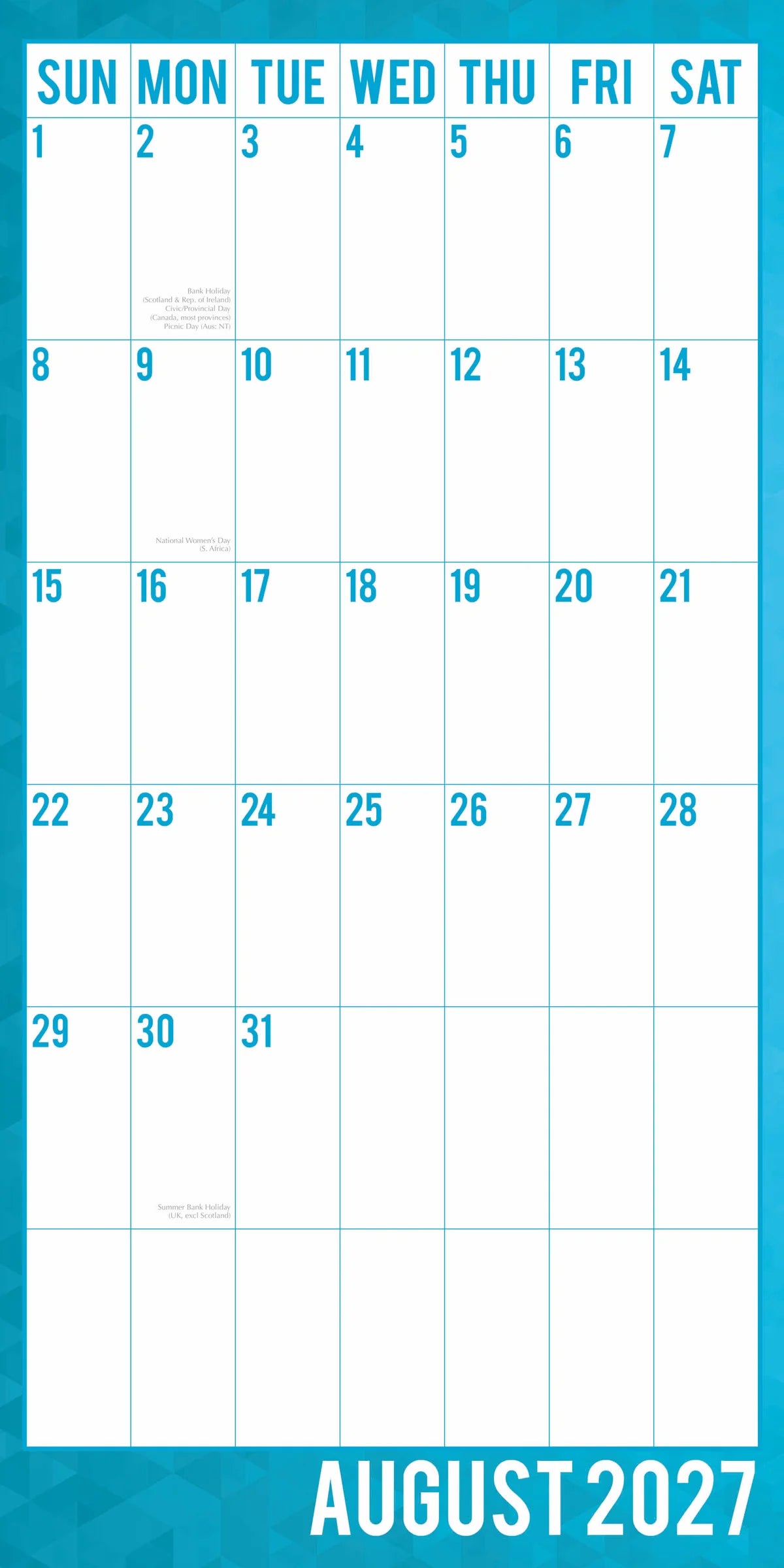 Large Print 2027 Square Wall Calendar - August 2027 month page with extra-large teal numbers and bold date grid on white background