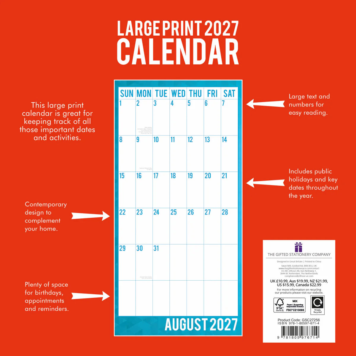 Large Print 2027 Square Wall Calendar - Back cover showing product features including large text, public holidays and writing space with pricing