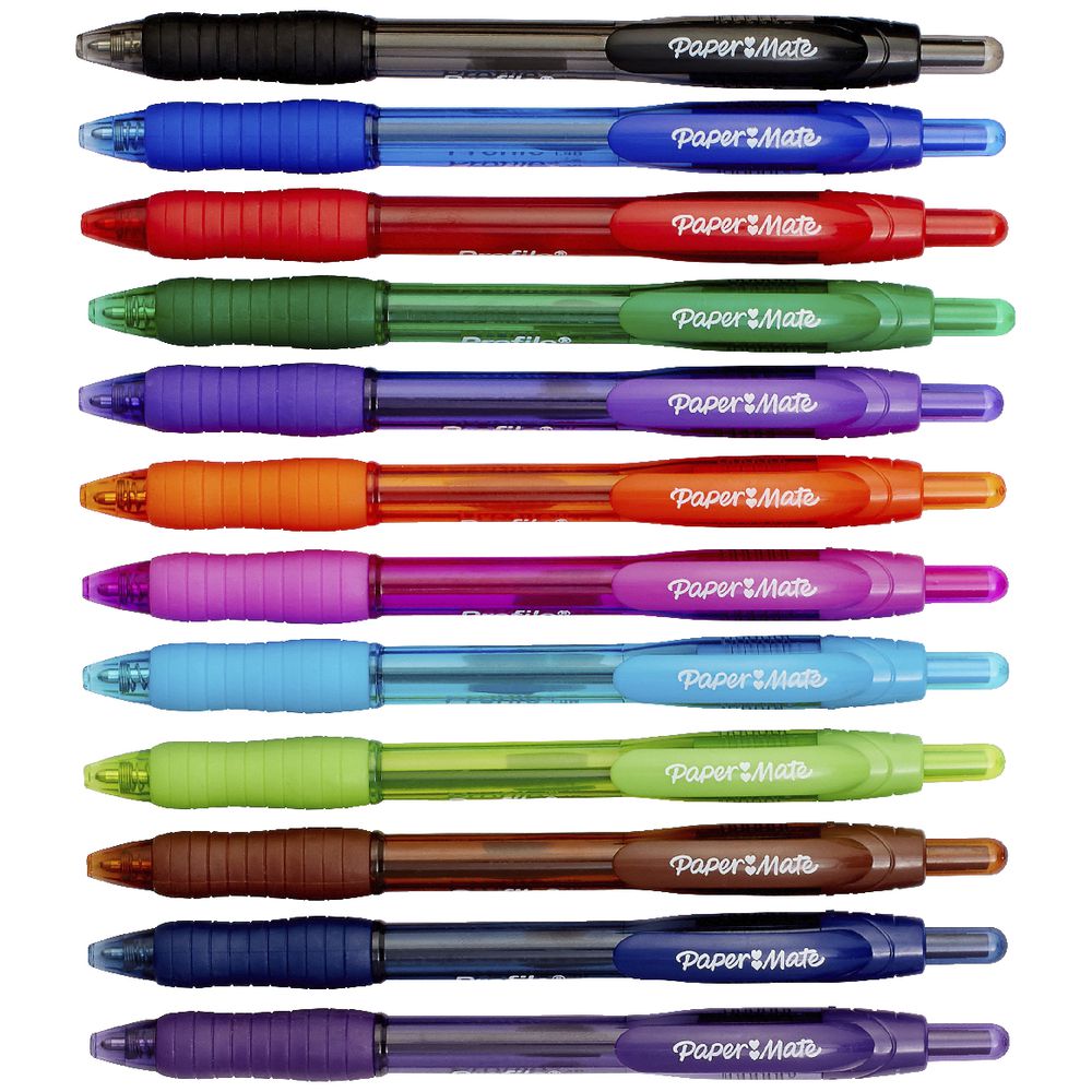 Paper Mate Profile Retractable Ballpoint Pens 12 assorted colours laid flat