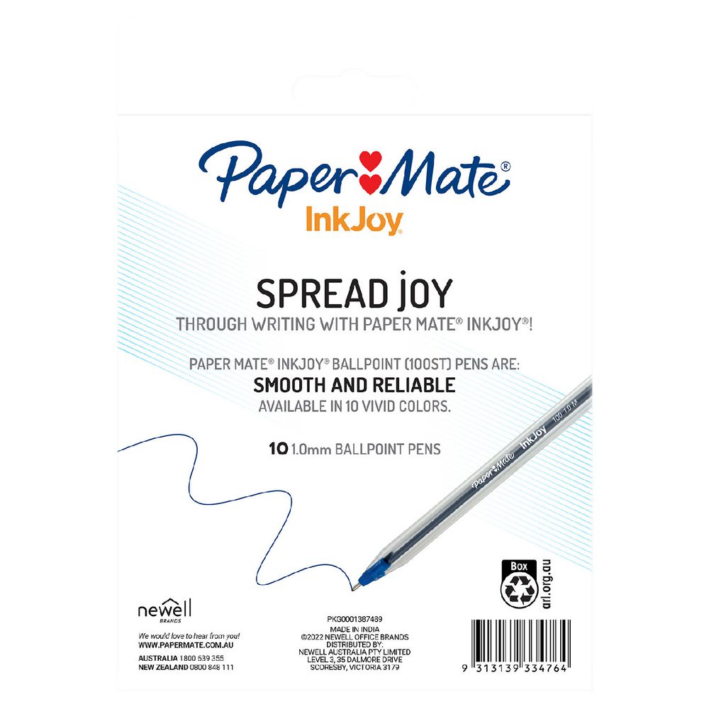 Paper Mate InkJoy 100 Blue Ballpoint Pens 10 Pack - back of packaging