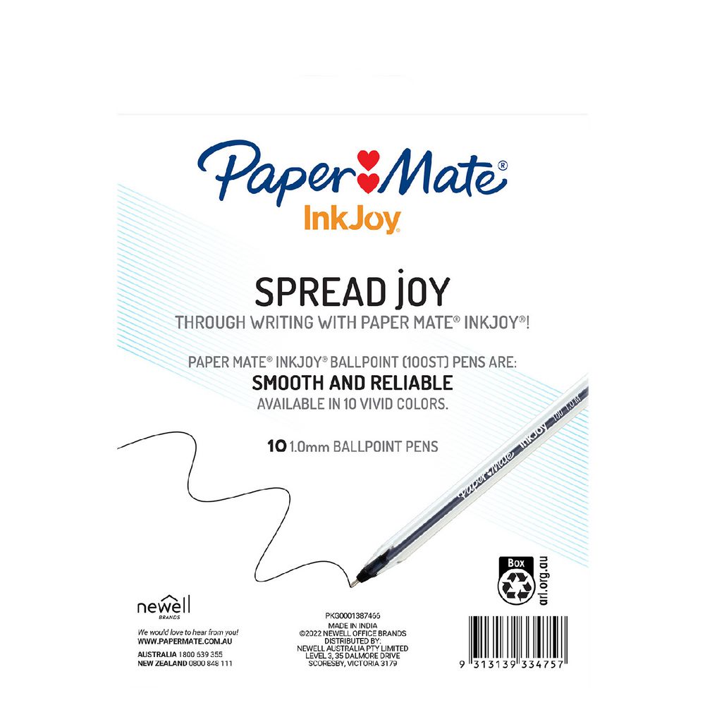 Paper Mate InkJoy 100 Black Ballpoint Pens 10 Pack - back of packaging