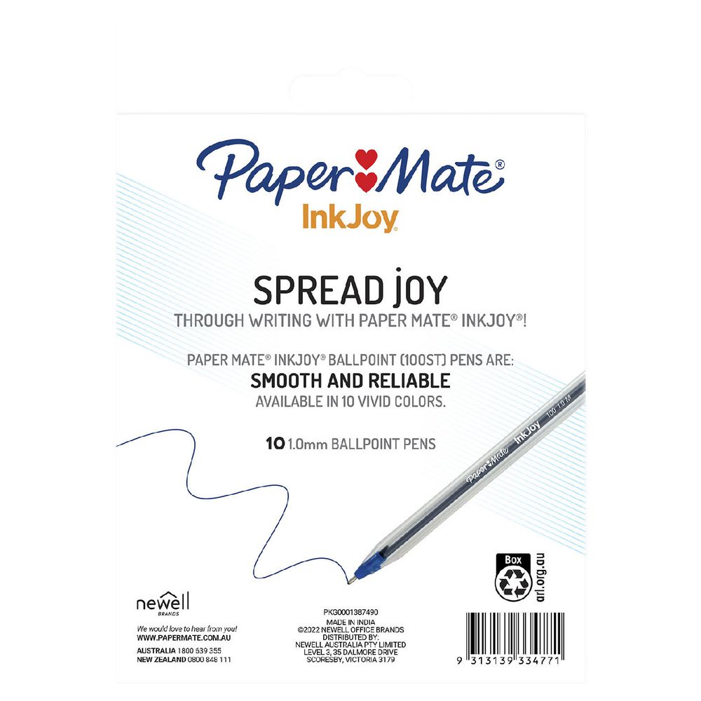 Paper Mate InkJoy 100 Ballpoint Pens - 10 individual pens blue black red