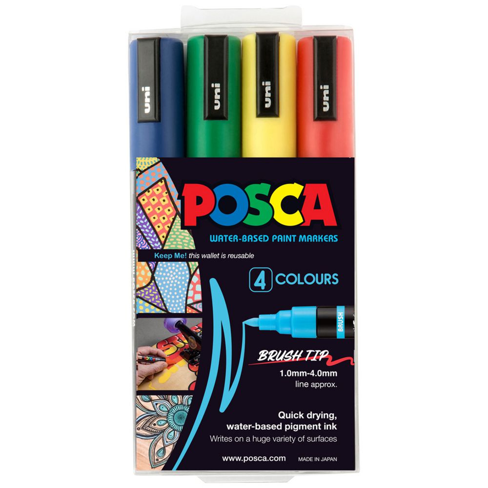 POSCA PC-5BR Brush Paint Marker Assorted 4 Pack side view showing blue, green, yellow and red markers
