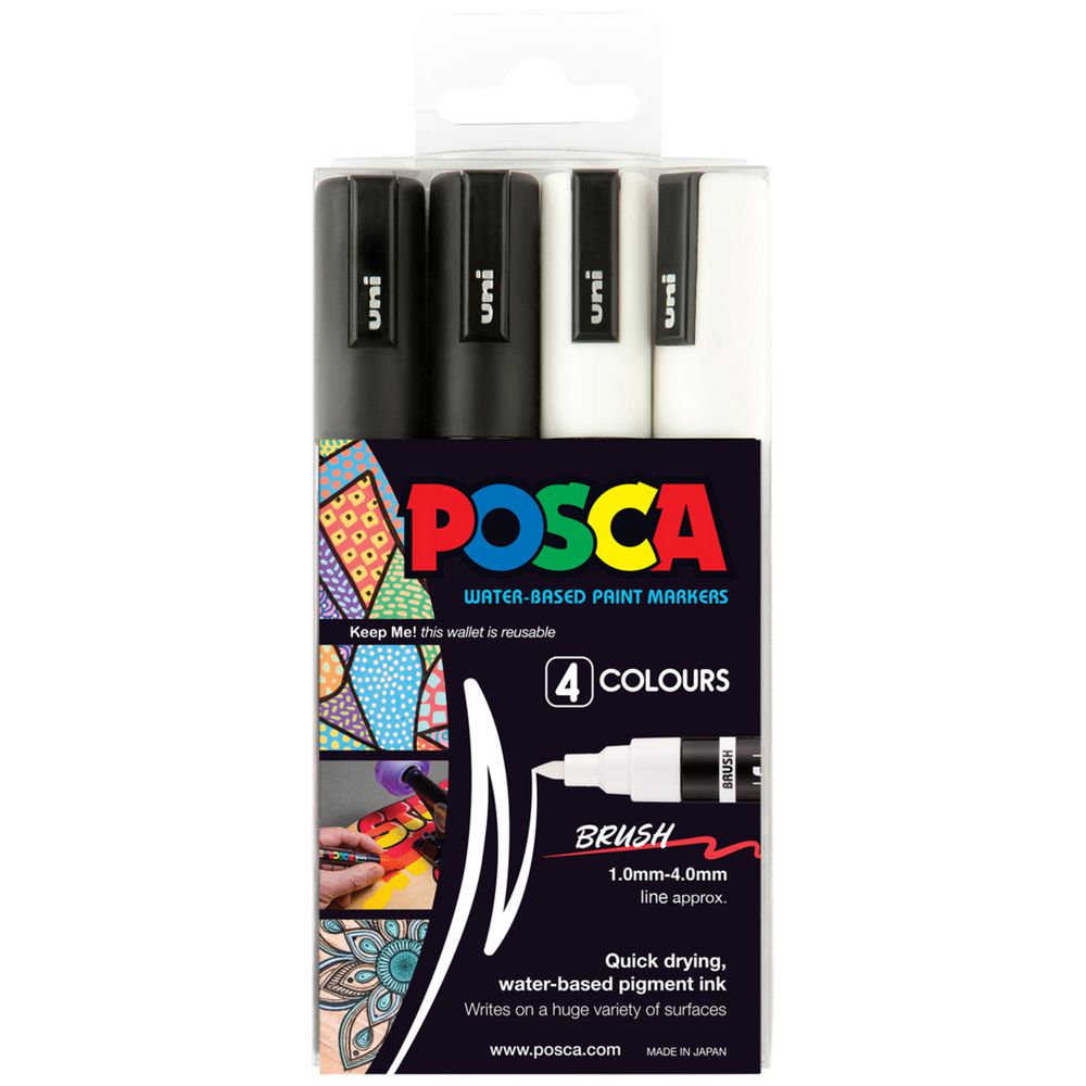 POSCA PC-5BR Brush Paint Marker Black and White 4 Pack side view