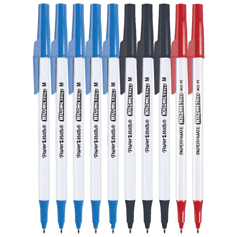 Paper Mate Kilometrico assorted pens pack front view showing blue, black and red pens