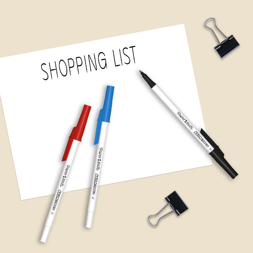 Paper Mate Kilometrico assorted pens fanned out showing blue, black and red colour-coded caps