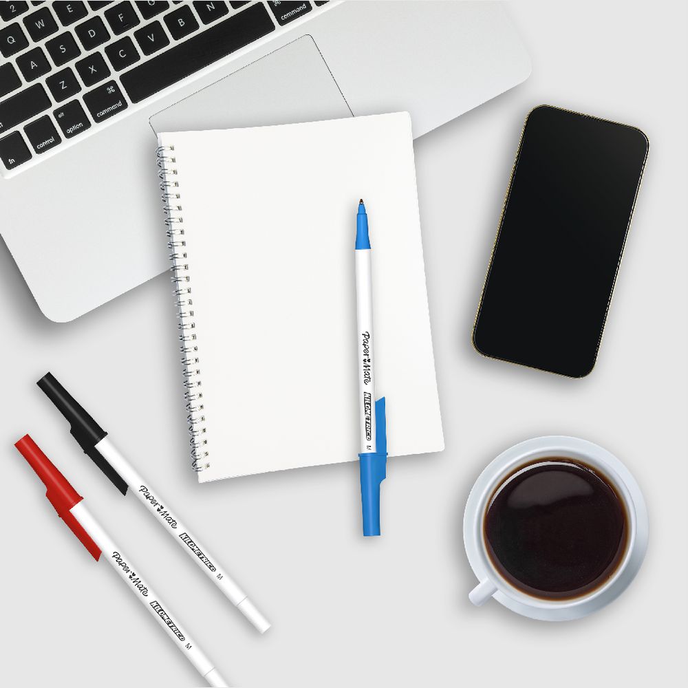 Hand writing checklist with Paper Mate Kilometrico blue pen - black and red pens alongside