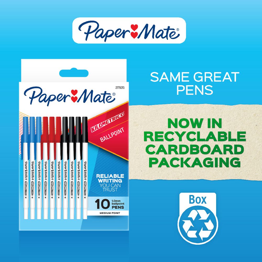 Paper Mate Kilometrico assorted pens with shopping list and binder clips