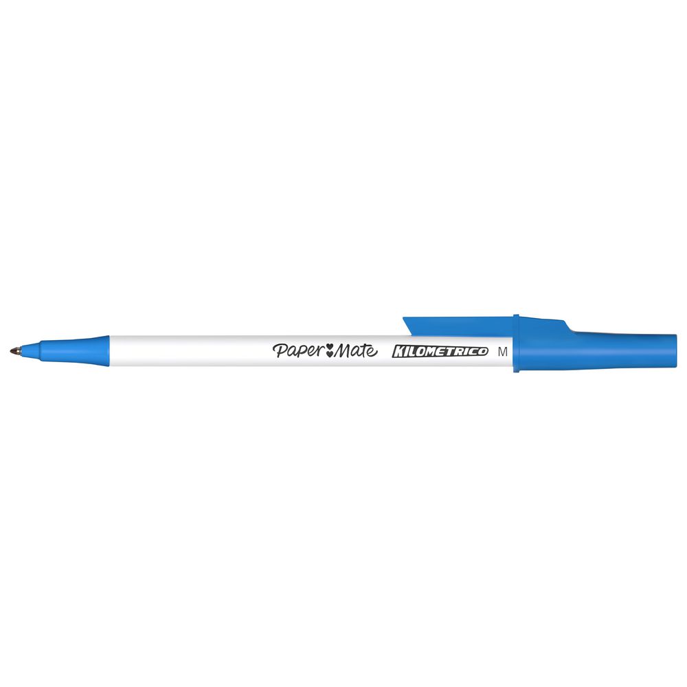 Paper Mate Kilometrico blue pen side view with cap on - 1.0mm medium point ballpoint