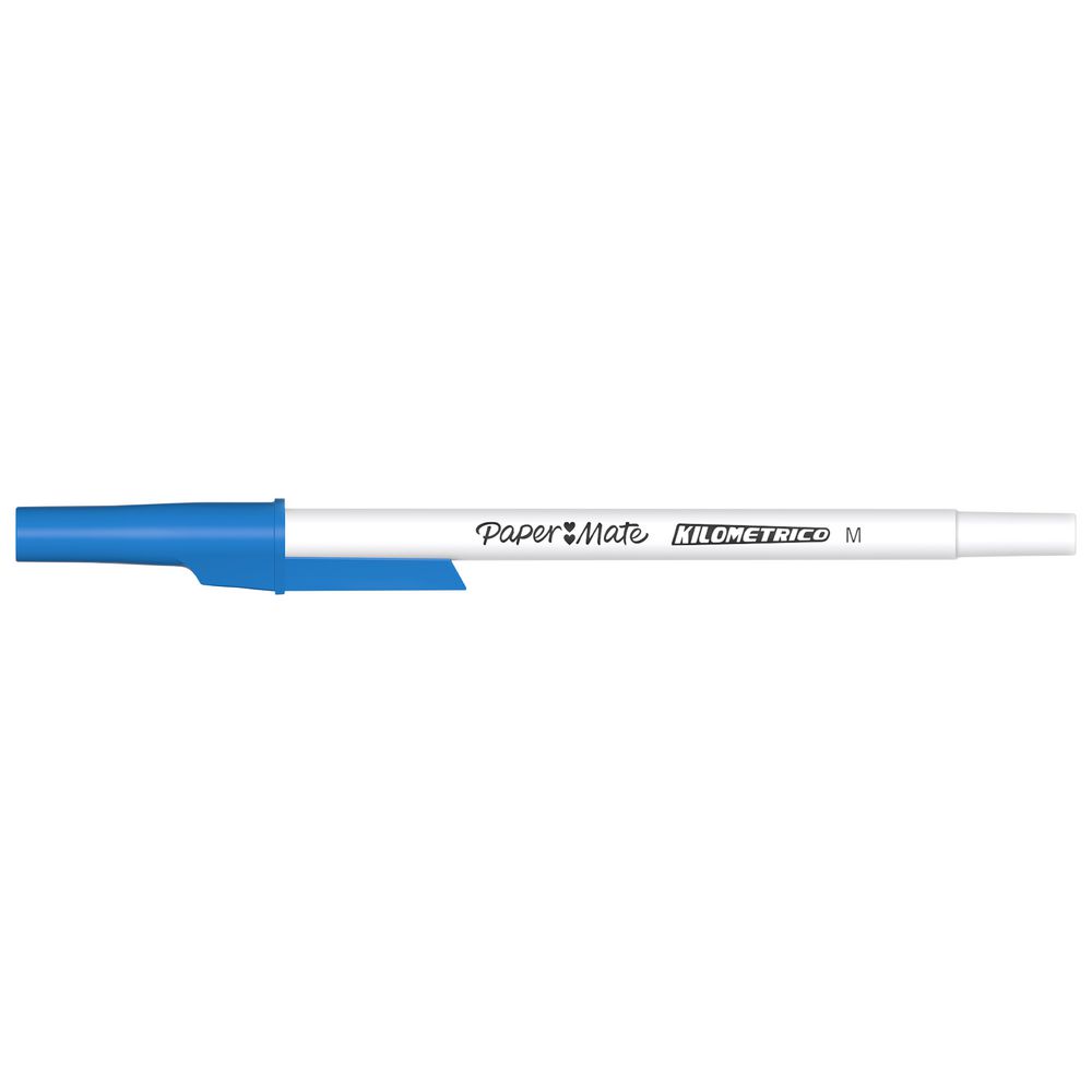 Paper Mate Kilometrico blue pen cap-off view showing 1.0mm medium point nib