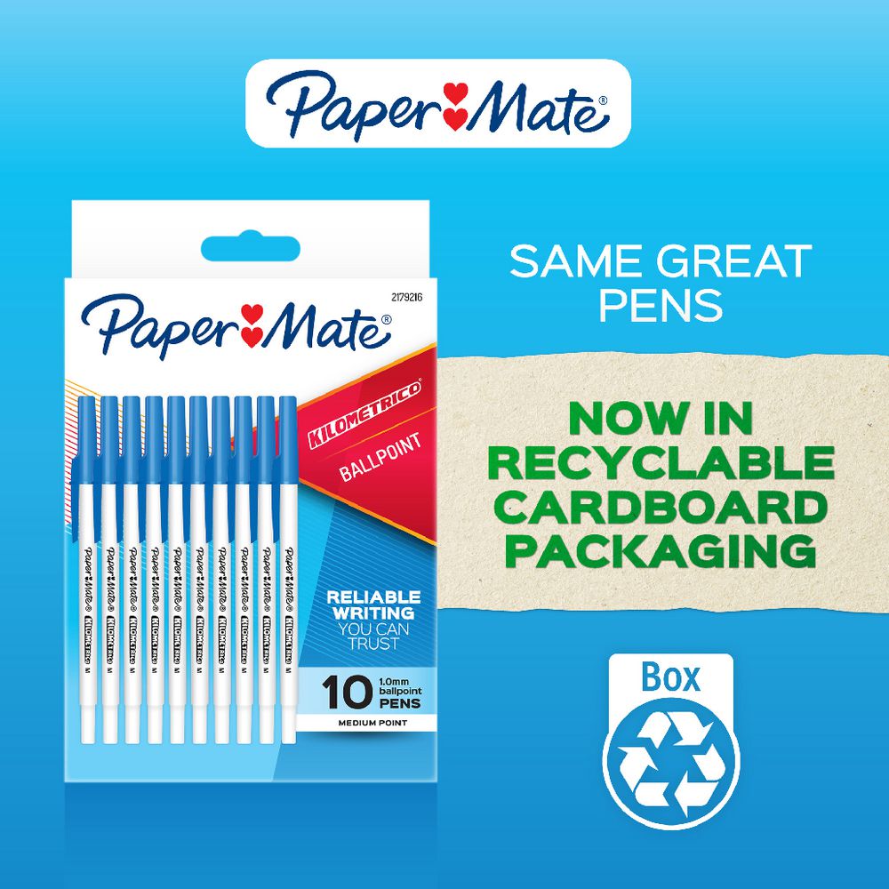 Paper Mate Kilometrico Blue 10 Pack - now in recyclable cardboard packaging, same great pens
