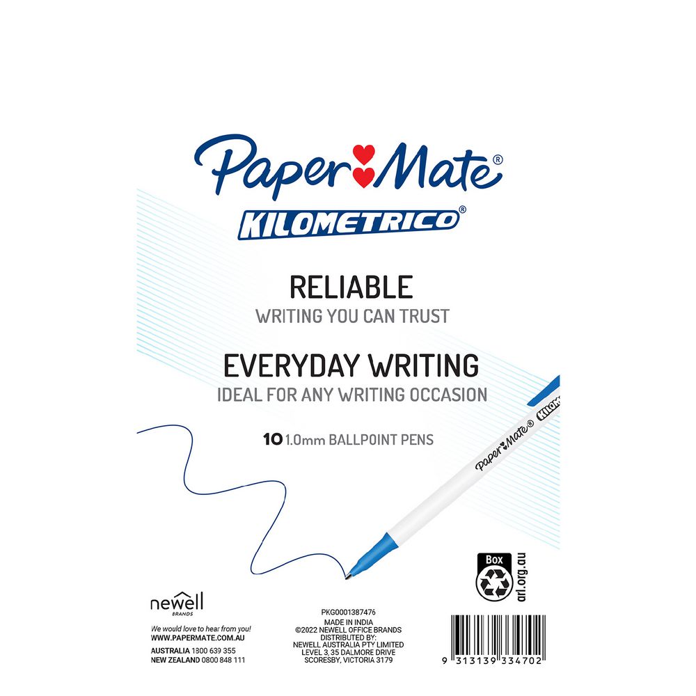 Paper Mate Kilometrico Blue 10 Pack back packaging - reliable everyday writing, made in India by Newell Office Brands