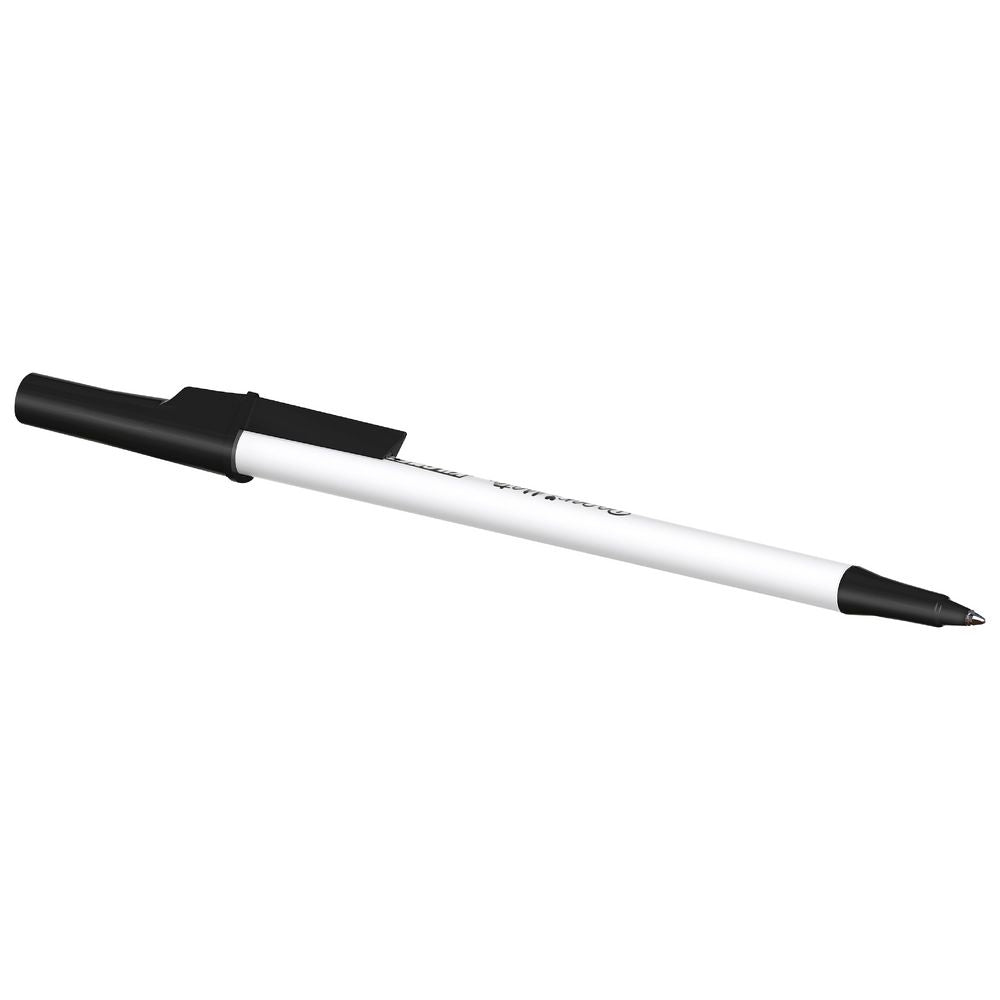 Paper Mate Kilometrico black pen side view with cap on - 1.0mm medium point