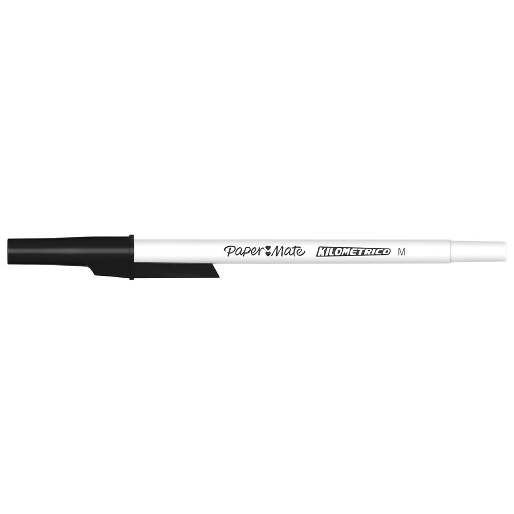 Paper Mate Kilometrico black pen angled view showing tip and black nose cone