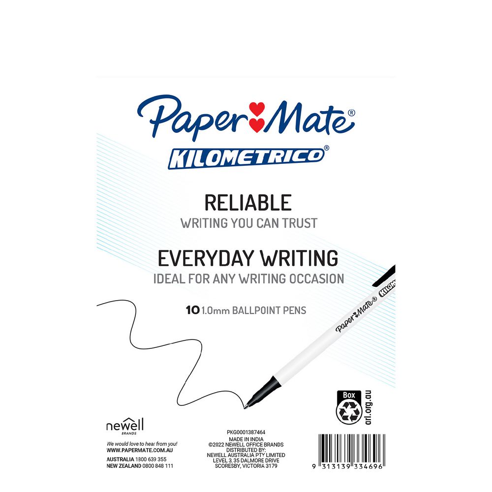 Paper Mate Kilometrico Black 10 Pack front packaging view - Kilometrico Ballpoint