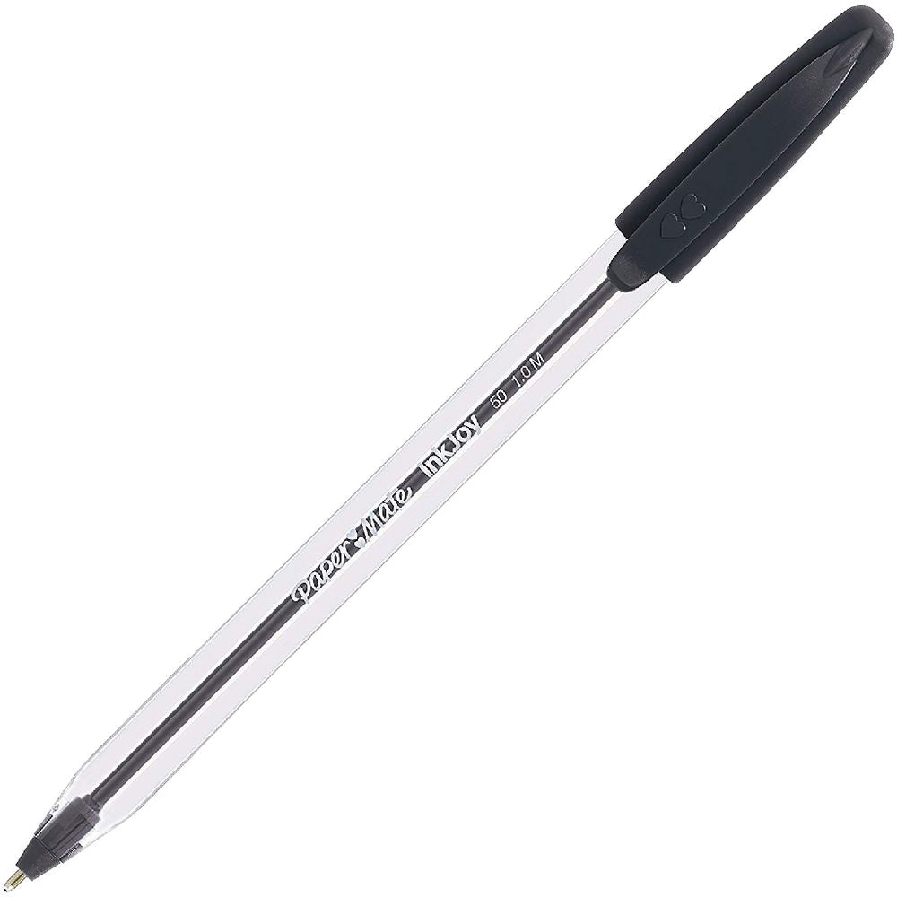 Paper Mate InkJoy 50ST black ballpoint pen single view - clear barrel, black cap and grip, 1.0mm medium point
