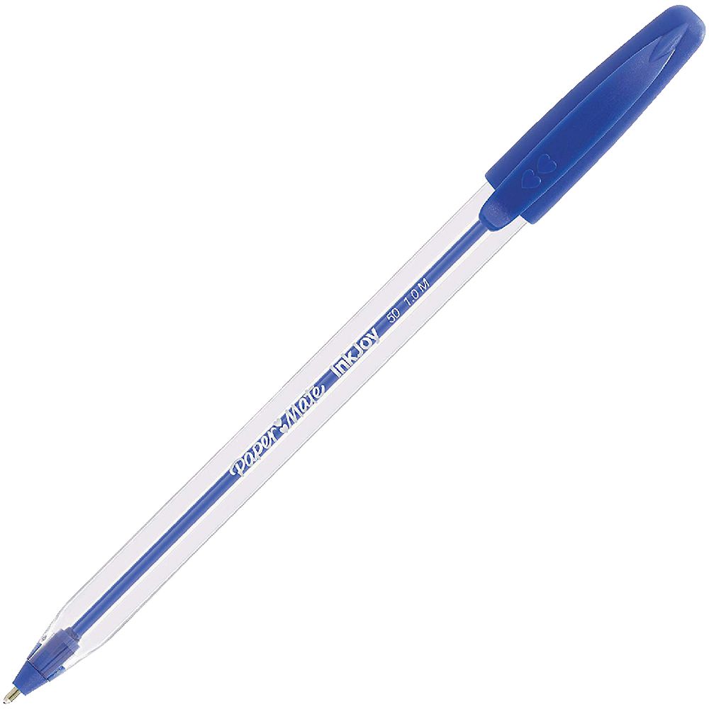 Paper Mate InkJoy 50ST blue ballpoint pen single view - clear barrel, blue cap and grip, 1.0mm medium point