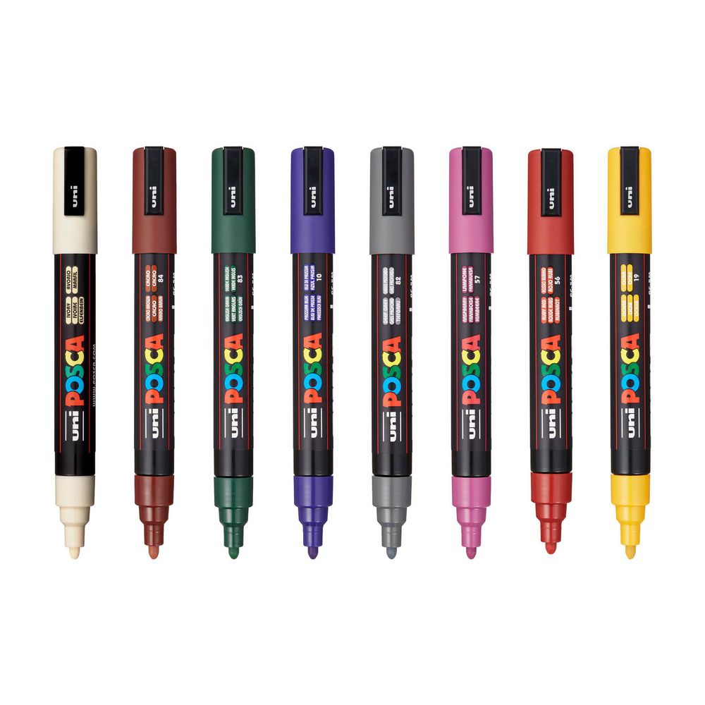 POSCA PC5M Dark Colours 8 Pack - all 8 individual markers: Ivory, Cacao Brown, English Green, Prussian Blue, Ochre, Raspberry, Ruby Red, Deep Grey
