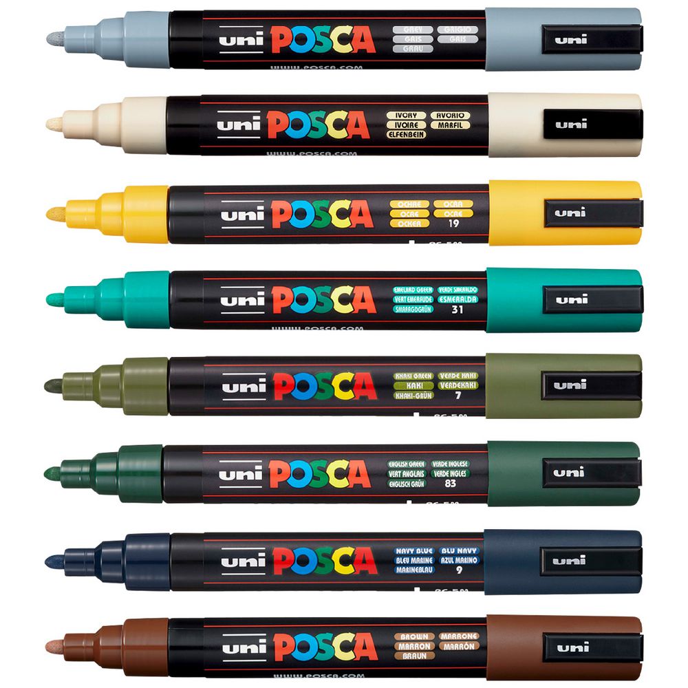 POSCA PC5M Earth Colours 8 Pack - all 8 individual markers: Grey, Ivory, Ochre, Emerald Green, Khaki Green, English Green, Navy, Brown
