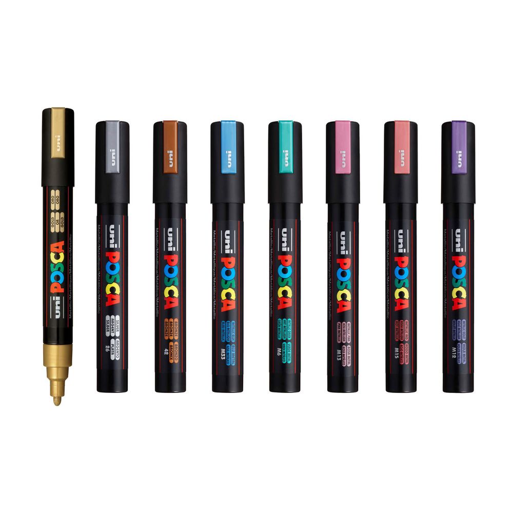 POSCA PC5M Metallic Assorted 8 Pack - all 8 individual metallic markers laid out