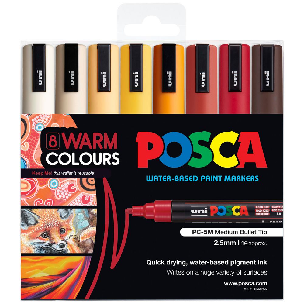 POSCA PC5M Warm Colours 8 Pack - full set packaging front view