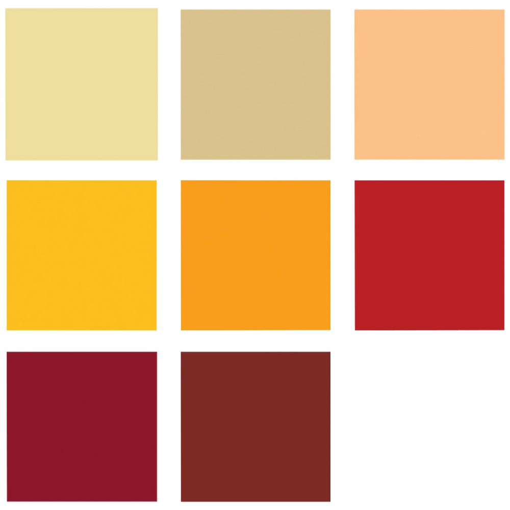 POSCA PC5M Warm Colours 8 Pack - colour swatches: Ivory, Beige, Apricot, Ochre, Bright Yellow, Ruby Red, Dark Red, Cacao Brown